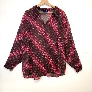 Venezia Blouse Woman 22/24 Button Up Pink Brown Polka Dot Long Sleeve Semi Sheer